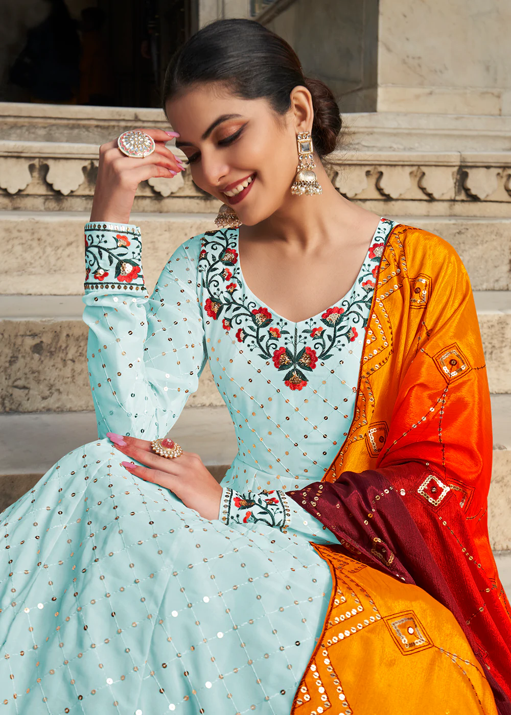 Gorgeous Sky Blue Sequins Georgette Party Wear Festive Gown - Image 5
