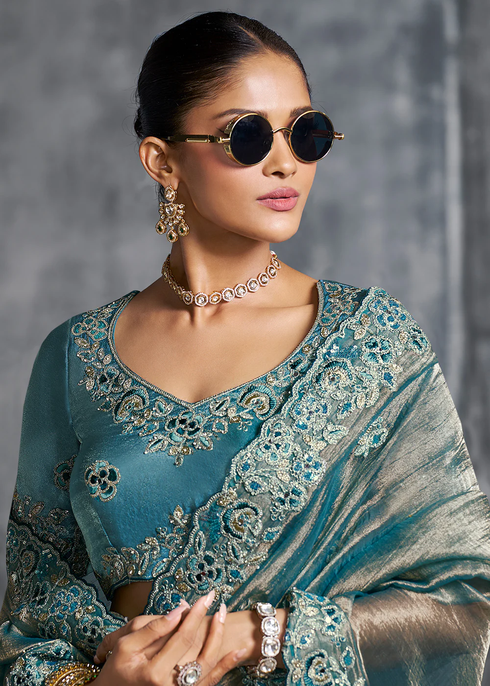 Gorgeous Teal Blue Tissue Zari Party Wear Designer Saree - Image 2
