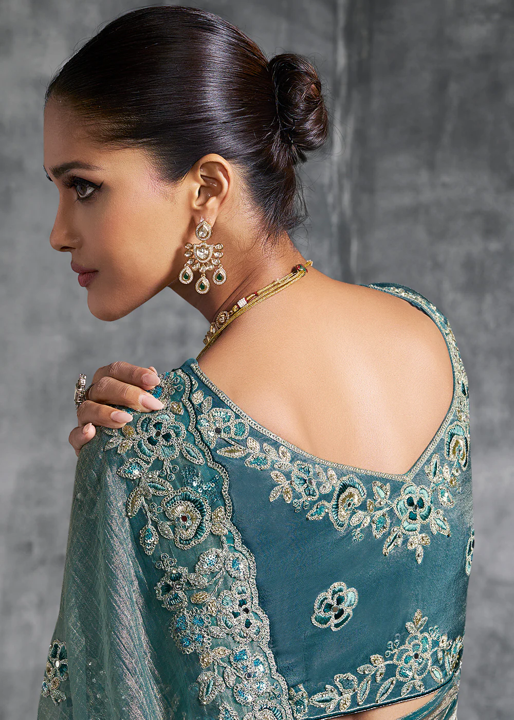 Gorgeous Teal Blue Tissue Zari Party Wear Designer Saree - Image 3