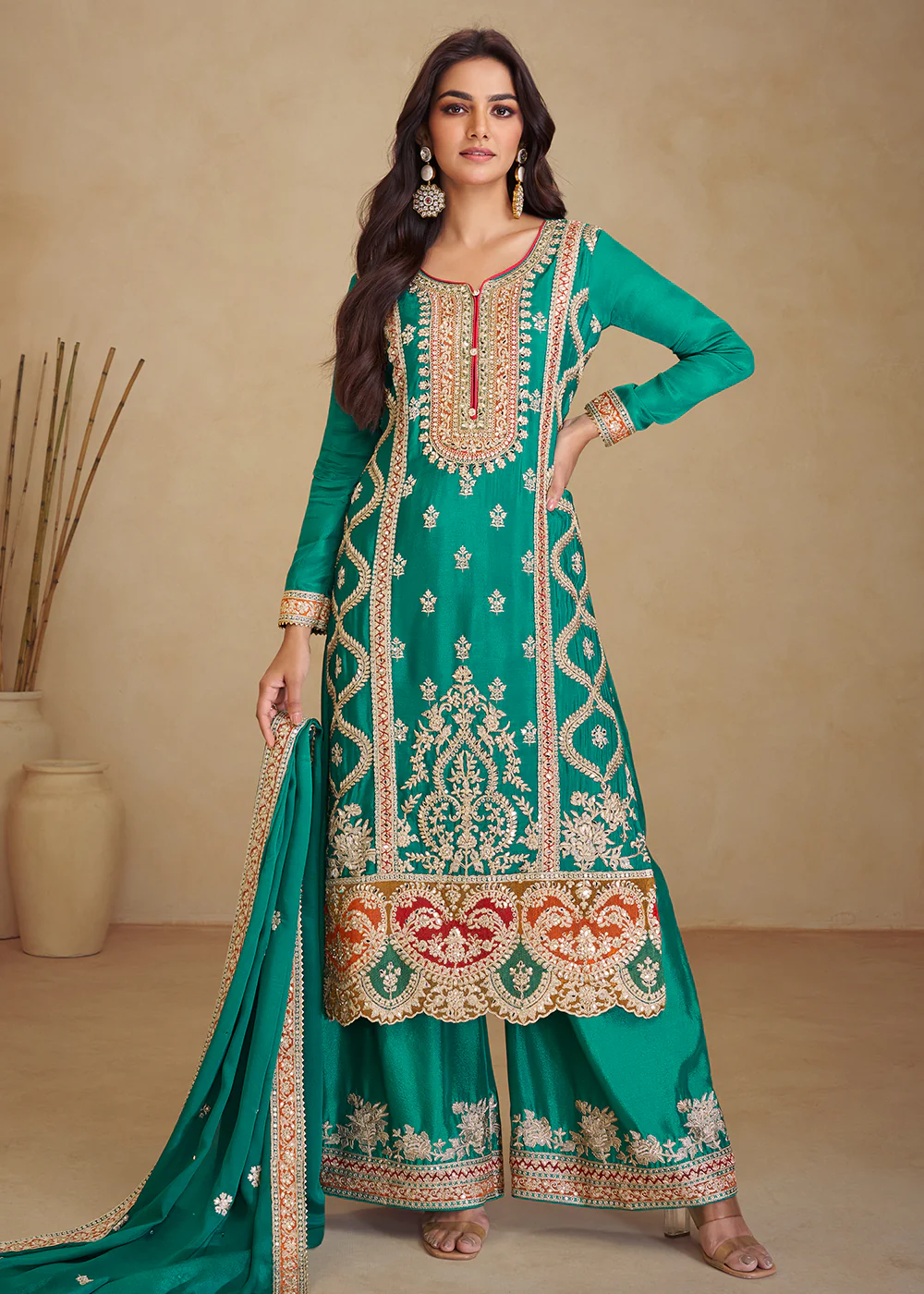 Gorgeous Teal Chinnon Mehndi Wear Palazzo Suit