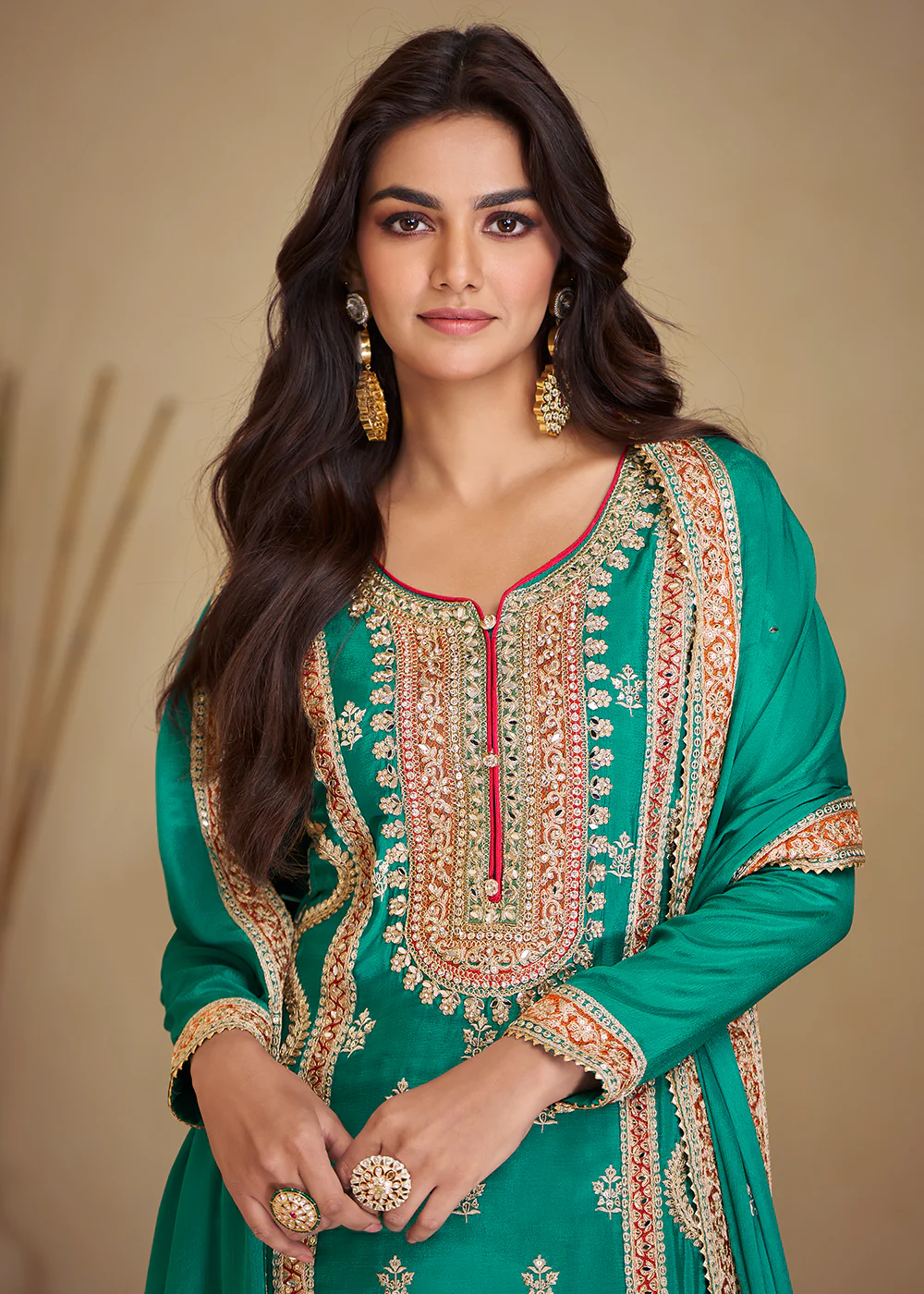 Gorgeous Teal Chinnon Mehndi Wear Palazzo Suit - Image 2