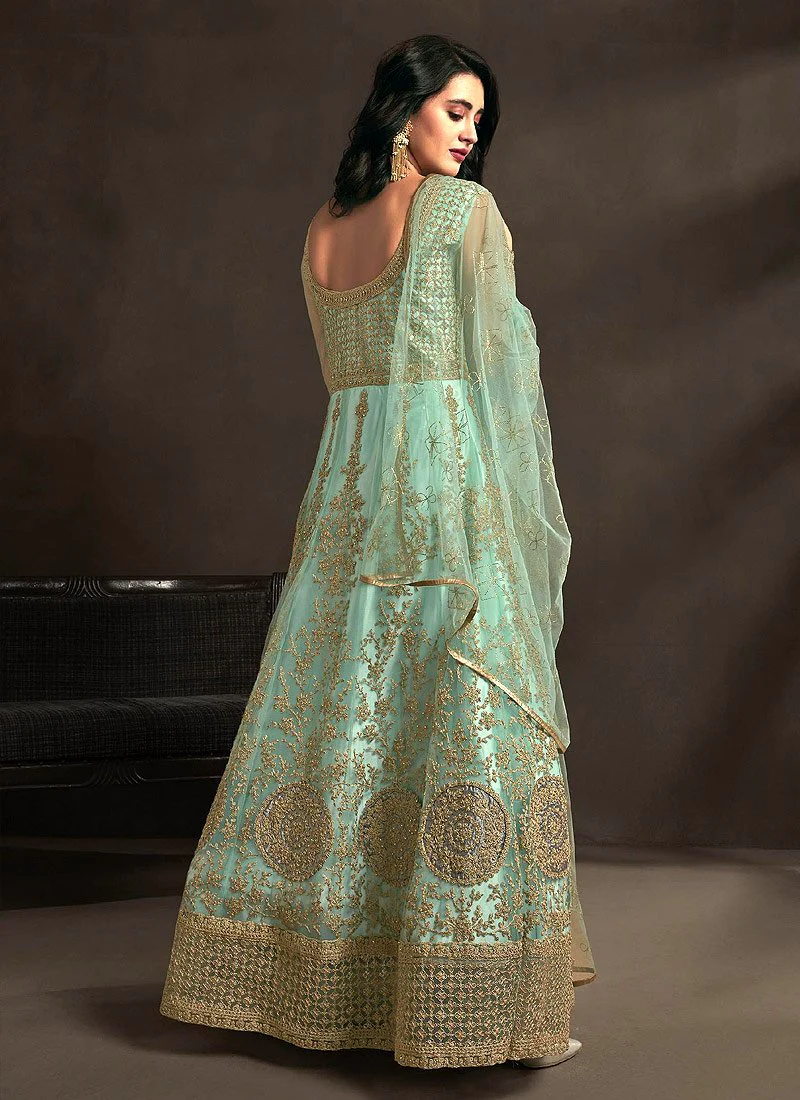 Gorgeous Teal Detailed Embroidered Designer Anarkali Suit - Image 2