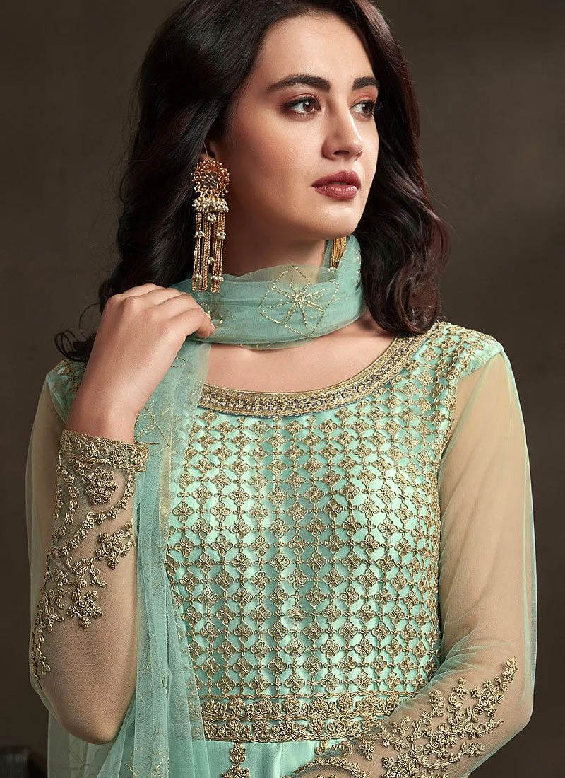 Gorgeous Teal Detailed Embroidered Designer Anarkali Suit - Image 3
