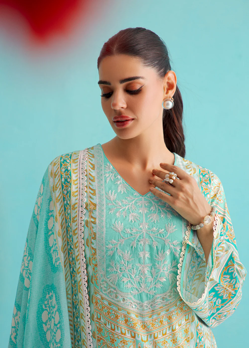 Gorgeous Turquoise Lawn Embroidered Festive Salwar Suit - Image 2