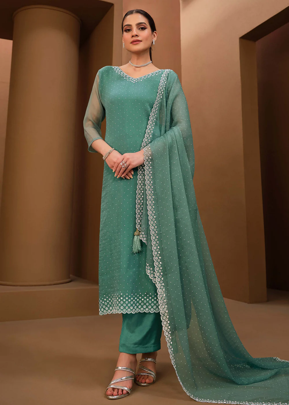 Gorgeous Turquoise Swarovski Embellished Festive Salwar Suit