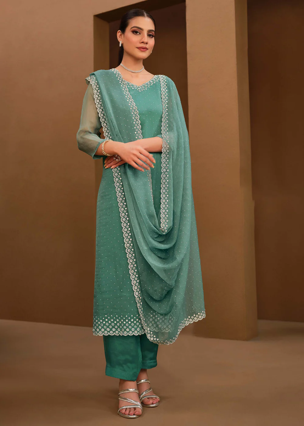 Gorgeous Turquoise Swarovski Embellished Festive Salwar Suit - Image 3