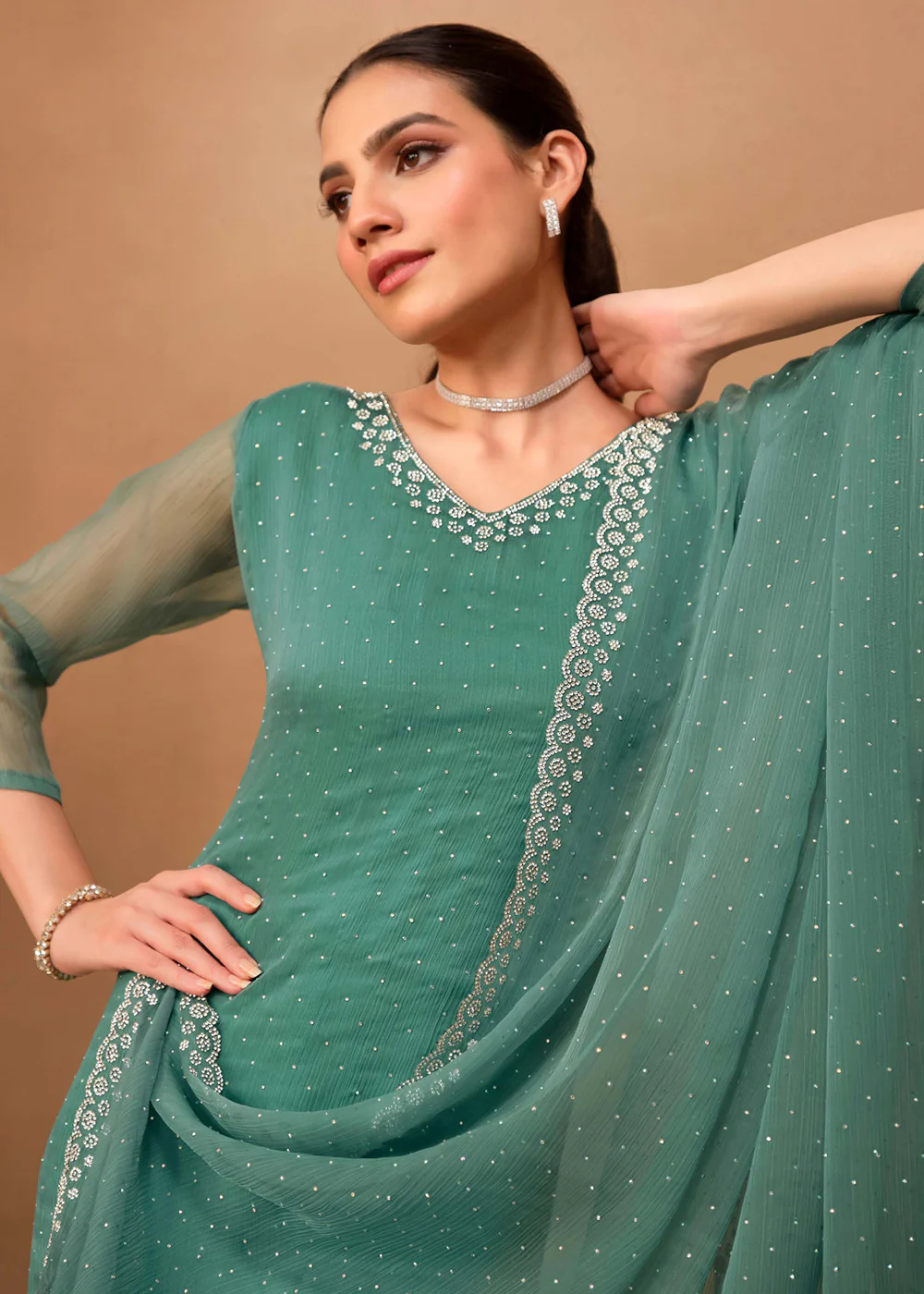 Gorgeous Turquoise Swarovski Embellished Festive Salwar Suit - Image 4