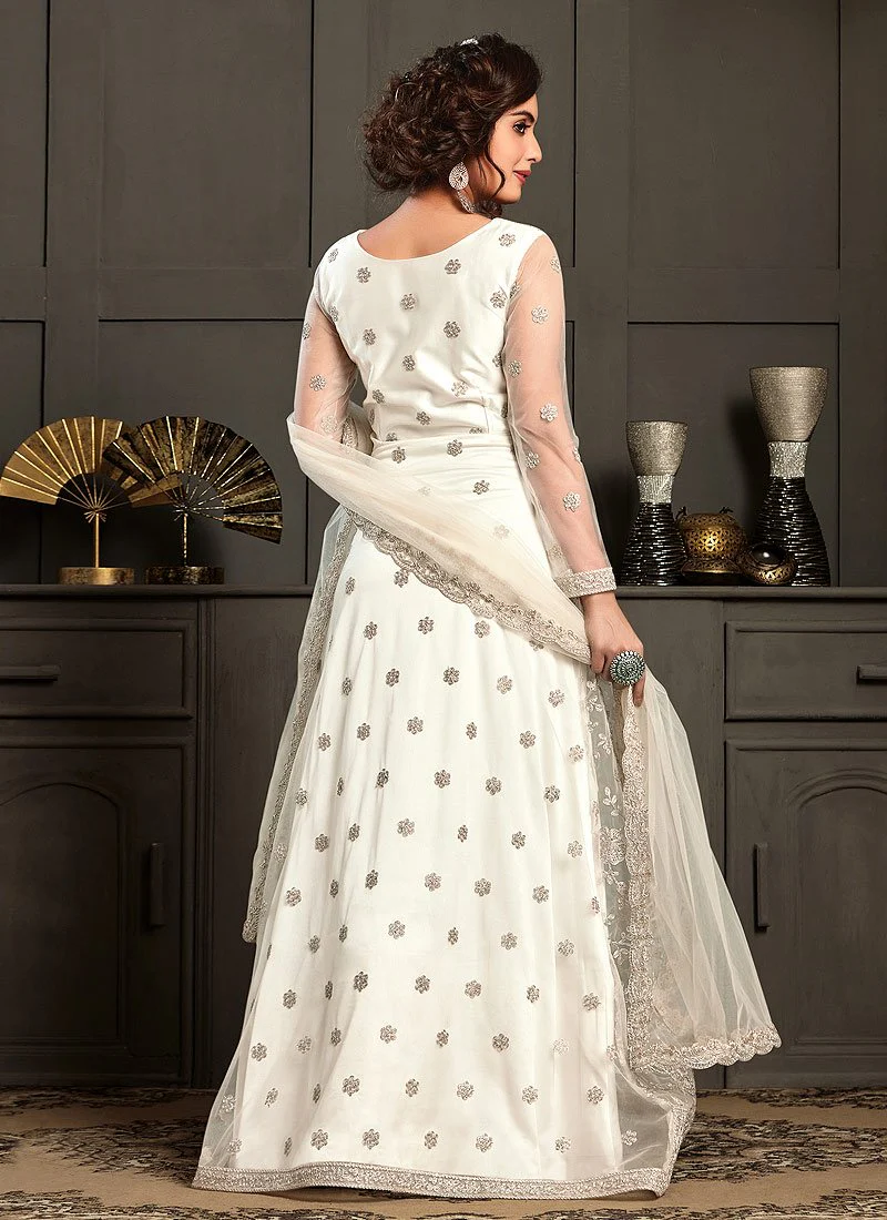 Gorgeous White Embroidered Net Designer Anarkali Gown - Image 3