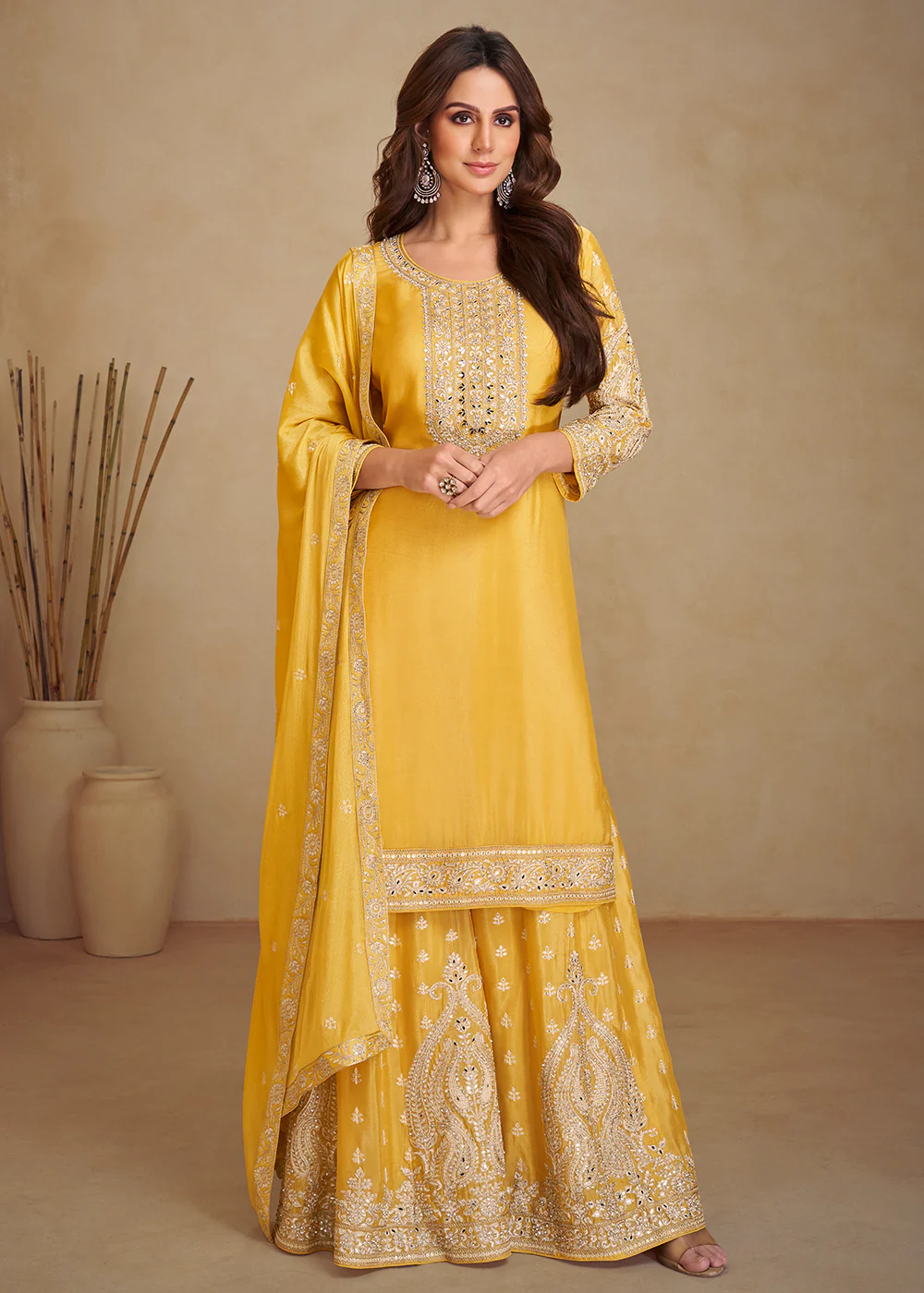 Gorgeous Yellow Chinnon Haldi Wear Palazzo Suit