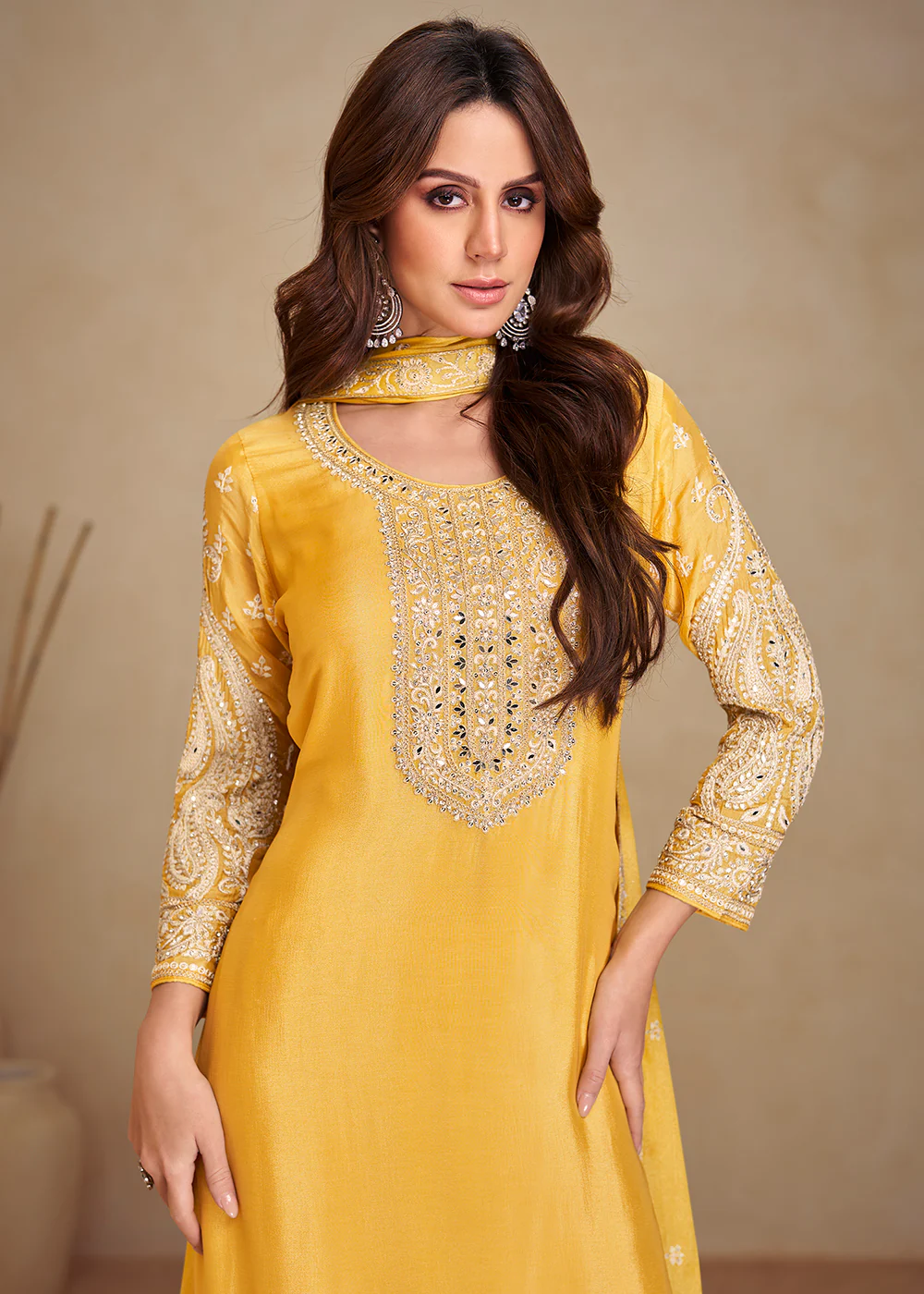 Gorgeous Yellow Chinnon Haldi Wear Palazzo Suit - Image 2
