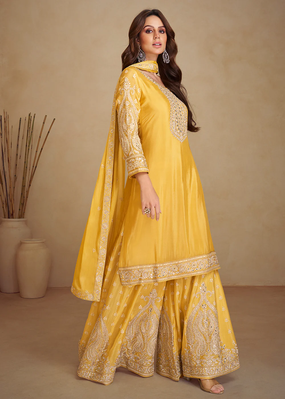 Gorgeous Yellow Chinnon Haldi Wear Palazzo Suit - Image 3