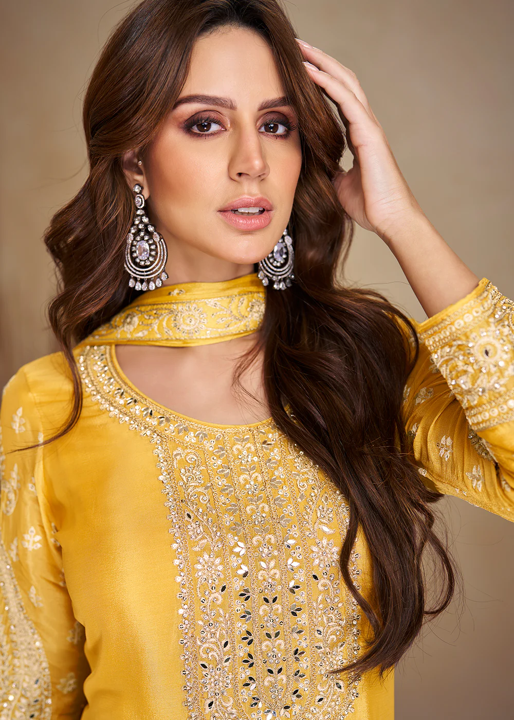 Gorgeous Yellow Chinnon Haldi Wear Palazzo Suit - Image 4