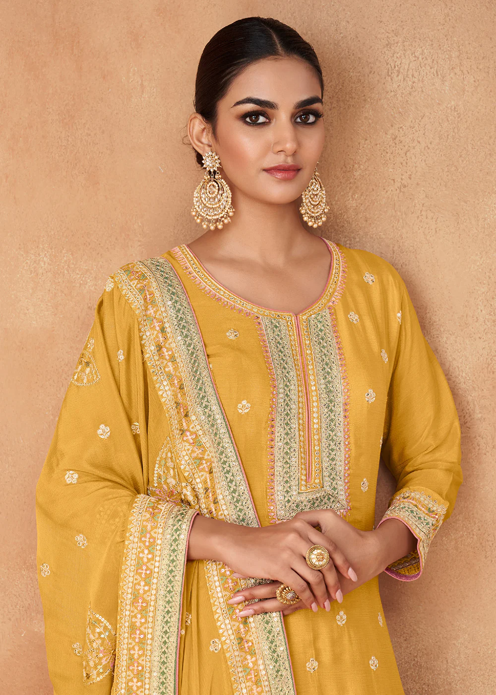 Gorgeous Yellow Real Chinnon Embroidered Designer Sharara Suit - Image 2