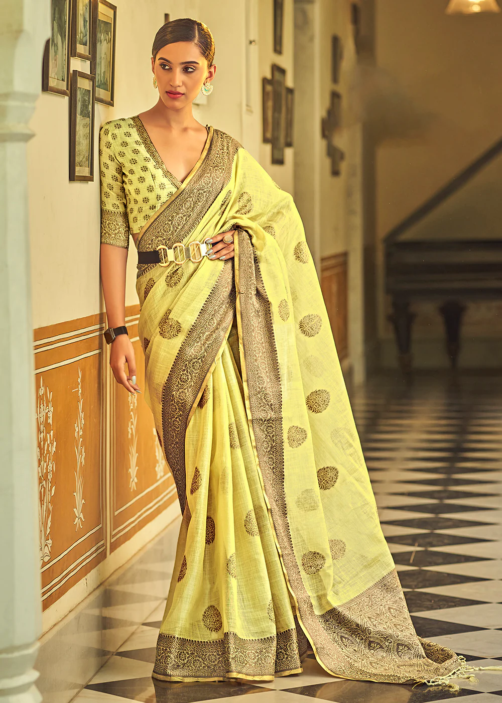 Gorgeous Yellow Soft Linen Weaving Saree with Belt