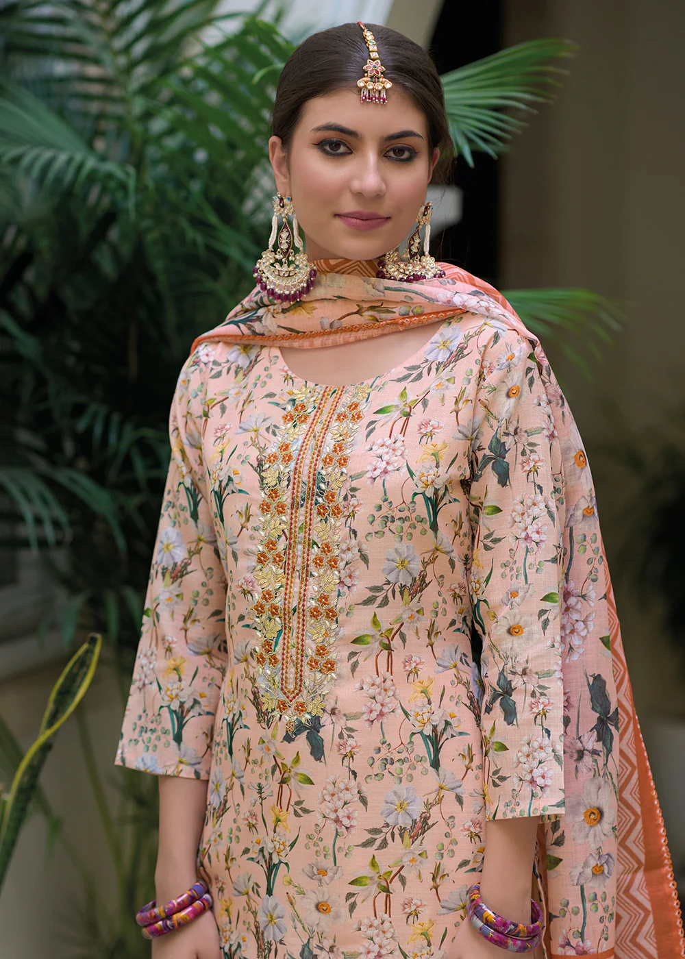 Gota Patti Embroidered Peach Lilen Ethnic Salwar Suit - Image 2