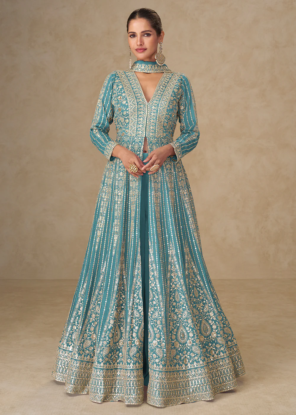 Graceful Blue All Over Embroidered Wedding Anarkali Gown
