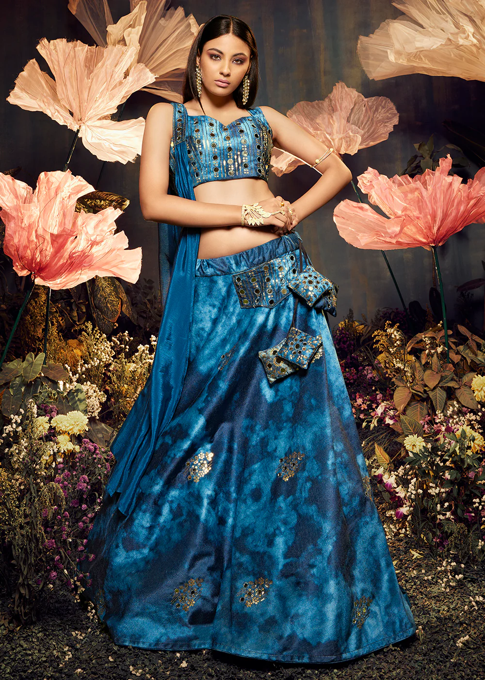 Graceful Blue Sequins & Mirror Velvet Lehenga Choli - Image 4