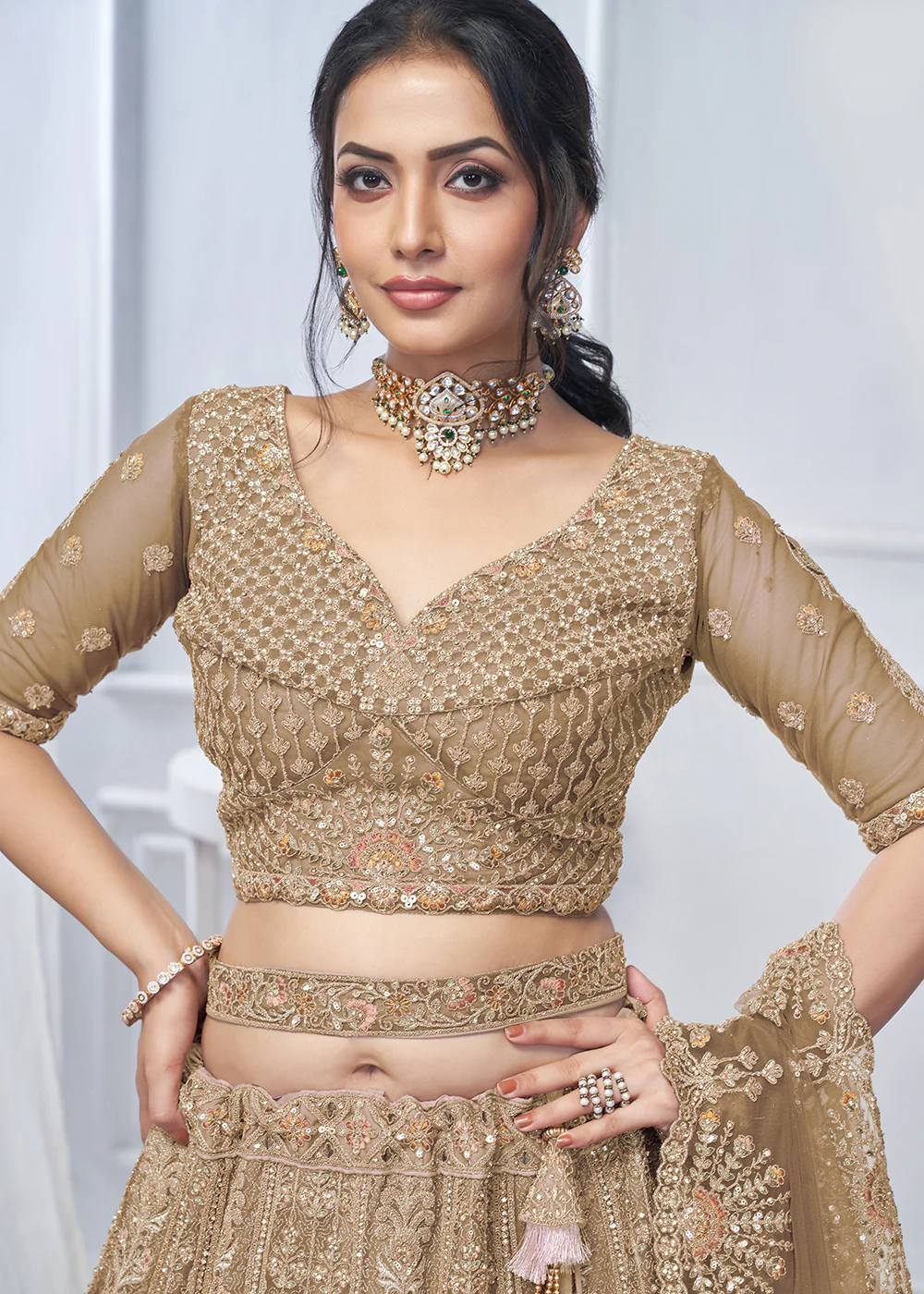 Graceful Brown All Over Embroidered Designer Lehenga Choli - Image 2