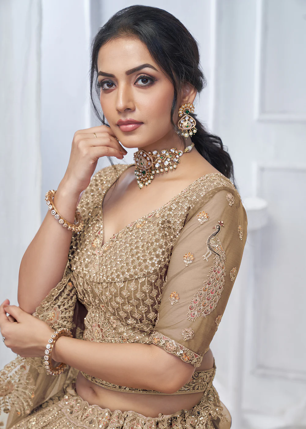 Graceful Brown All Over Embroidered Designer Lehenga Choli - Image 6