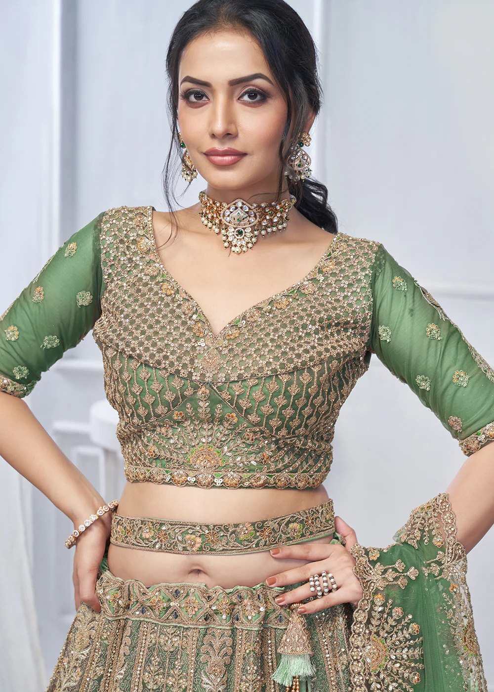 Graceful Green All Over Embroidered Designer Lehenga Choli - Image 2