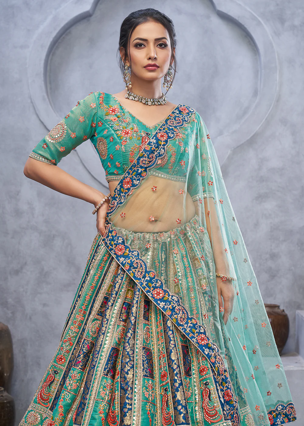 Graceful Green Hand Embroidered Bridal Lehenga Choli - Image 2