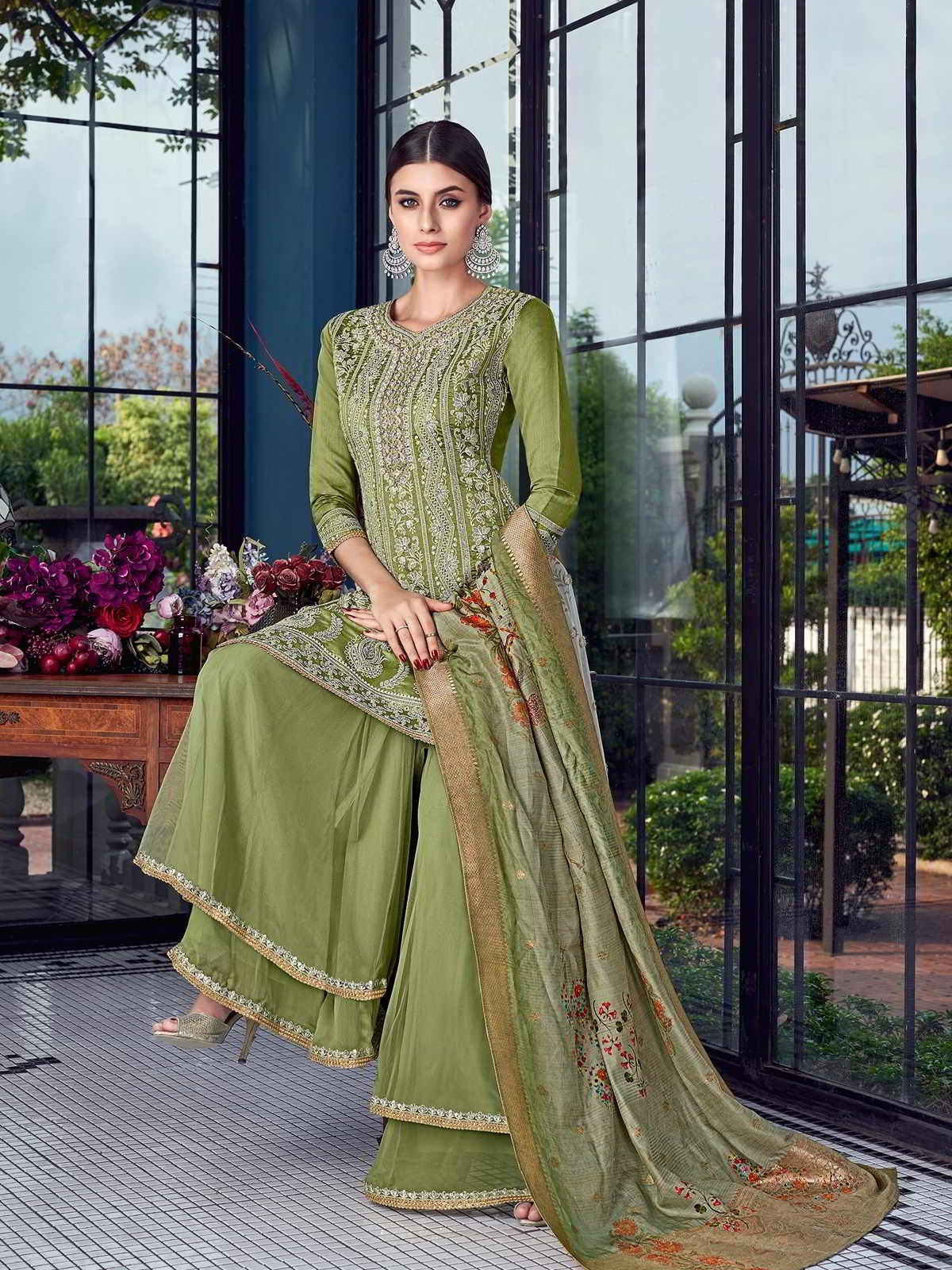 Graceful Green Lucknowi Embroidered Pakistani Style Palazzo Suit - Image 3