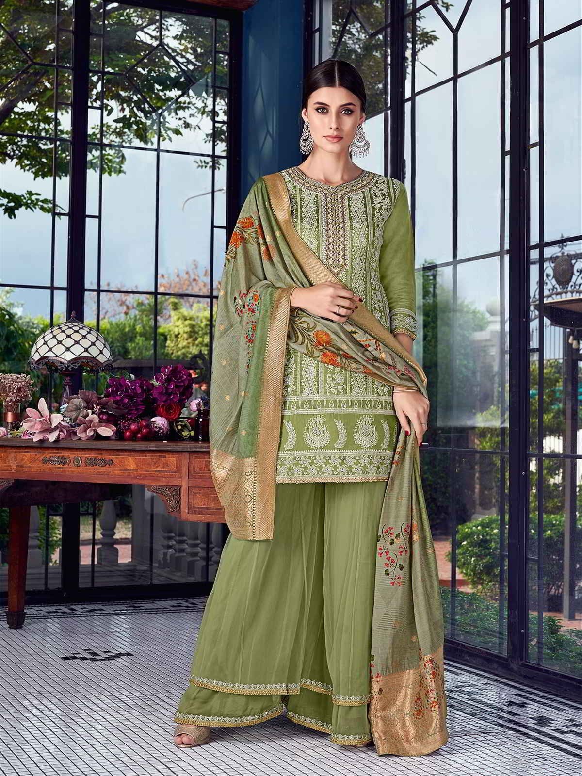 Graceful Green Lucknowi Embroidered Pakistani Style Palazzo Suit - Image 4