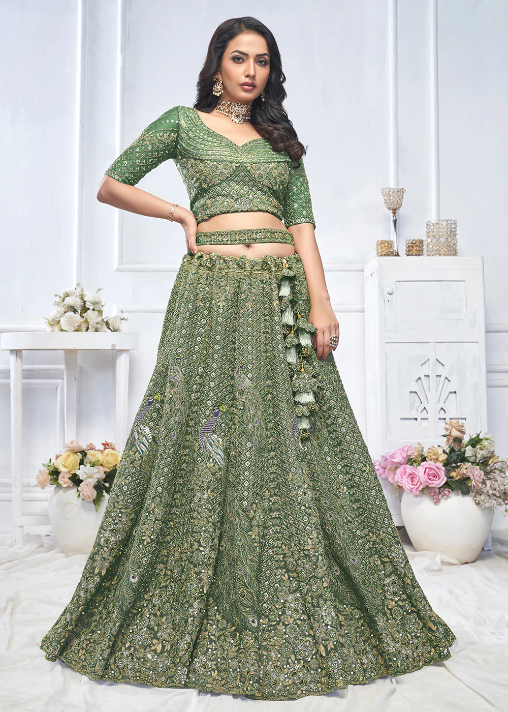 Graceful Green Trendy Style Designer Bridal Lehenga Choli - Image 5