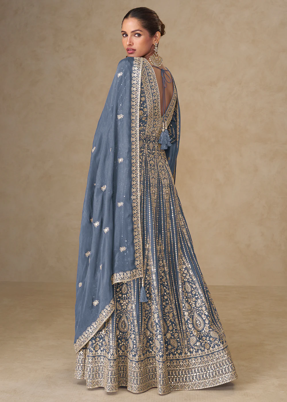 Graceful Grey All Over Embroidered Wedding Anarkali Gown - Image 2