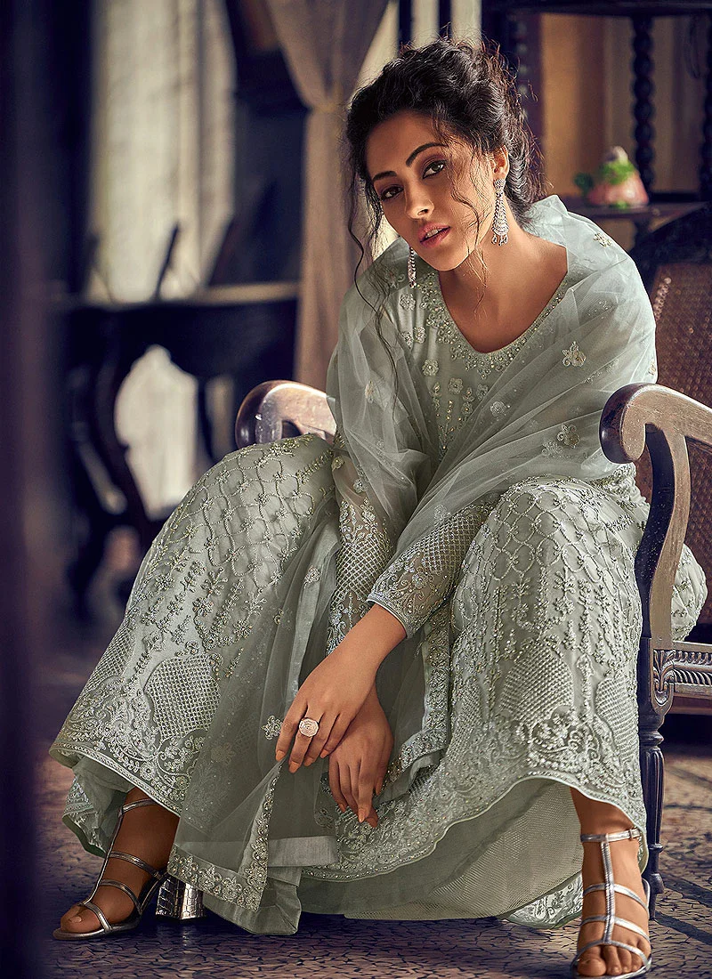 Graceful Grey Georgette Chikankari Designer Anarkali - Image 3