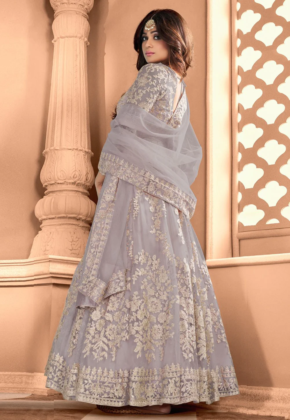 Graceful Grey Shamita Shetty Net Floor Length Anarkali Suit - Image 3