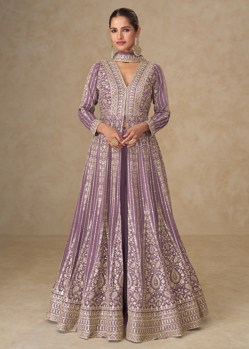 Graceful Lavender All Over Embroidered Wedding Anarkali Gown