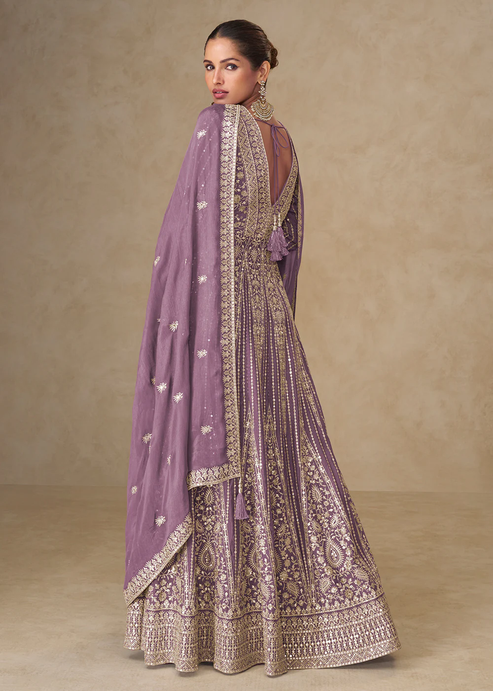 Graceful Lavender All Over Embroidered Wedding Anarkali Gown - Image 2
