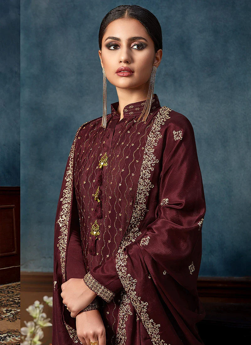 Graceful Maroon Chinon Trendy Palazzo Salwar Suit - Image 2