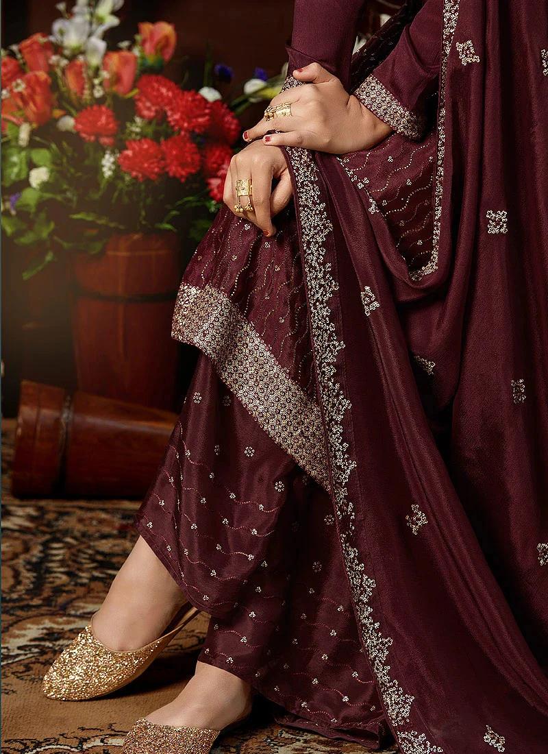 Graceful Maroon Chinon Trendy Palazzo Salwar Suit - Image 3