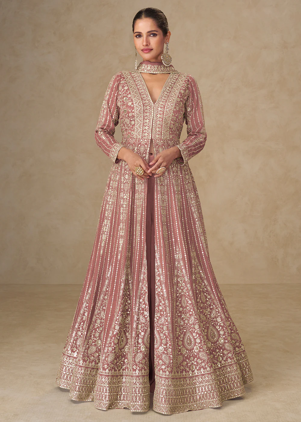 Graceful Peach All Over Embroidered Wedding Anarkali Gown