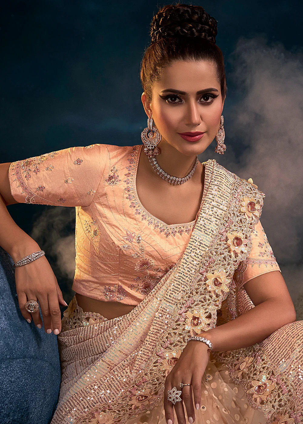 Graceful Peach Premium Net Heavy Embroidered Designer Saree - Image 2