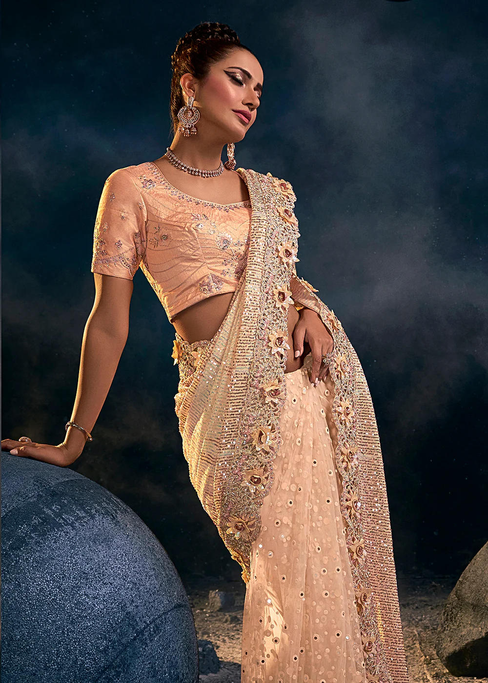Graceful Peach Premium Net Heavy Embroidered Designer Saree - Image 3