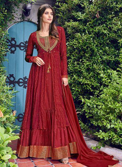 Graceful Red Chiffon Embroidered Jacket Style Anarkali - Image 4