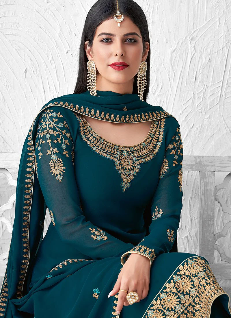 Graceful Teal Embroidered Georgette Palazzo Suit - Image 2