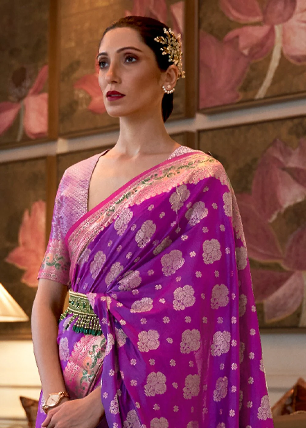 Grape Purple Banarasi Silk Authentic Indian Saree - Image 2