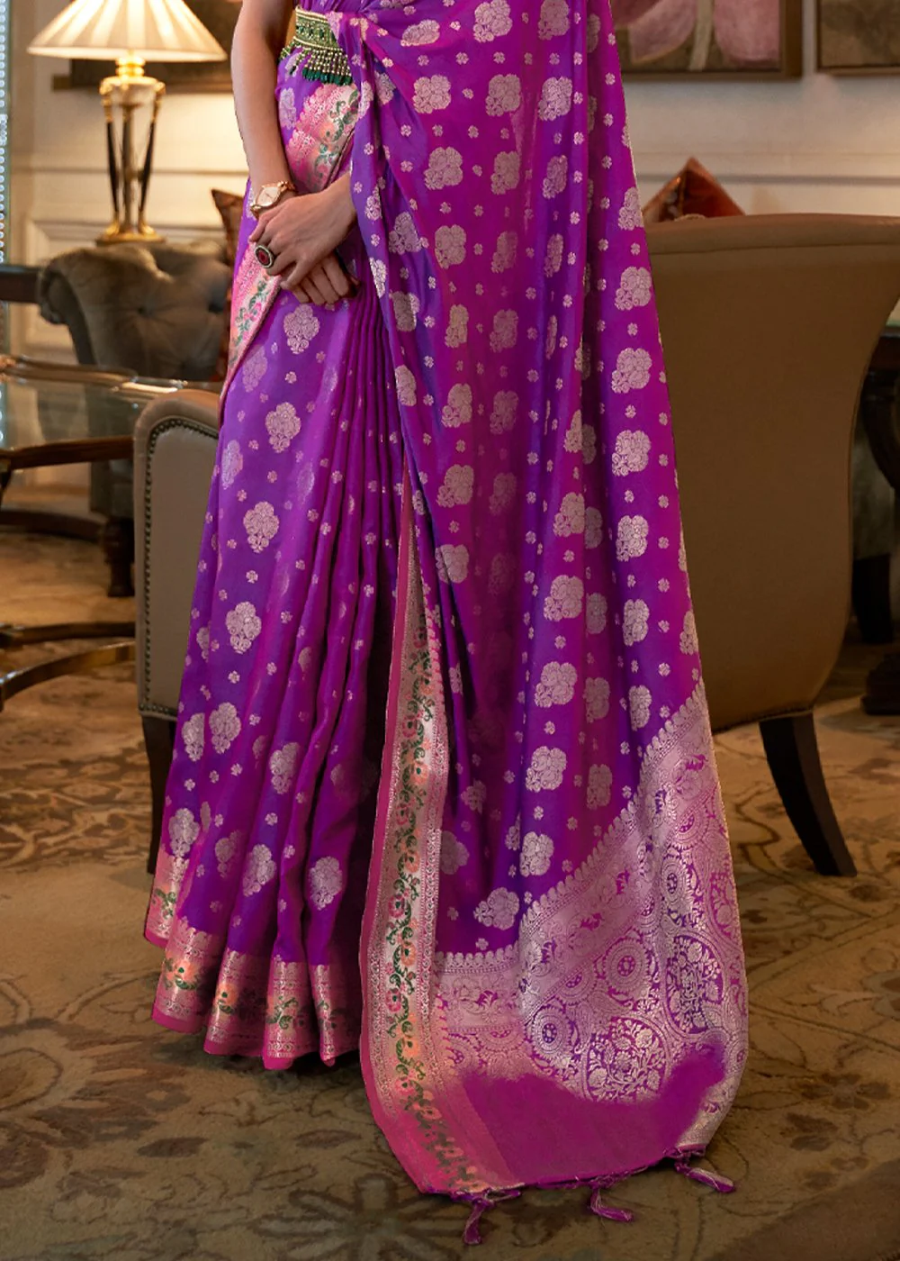 Grape Purple Banarasi Silk Authentic Indian Saree - Image 4