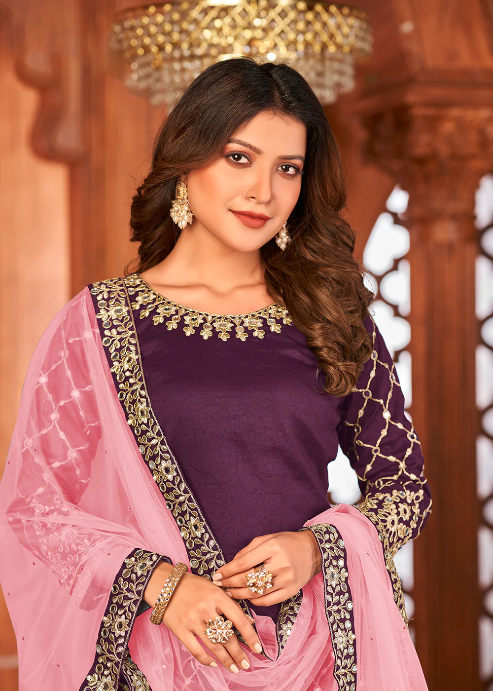 Grape Purple Glass Work Art Silk Patiala Salwar Suit - Image 2