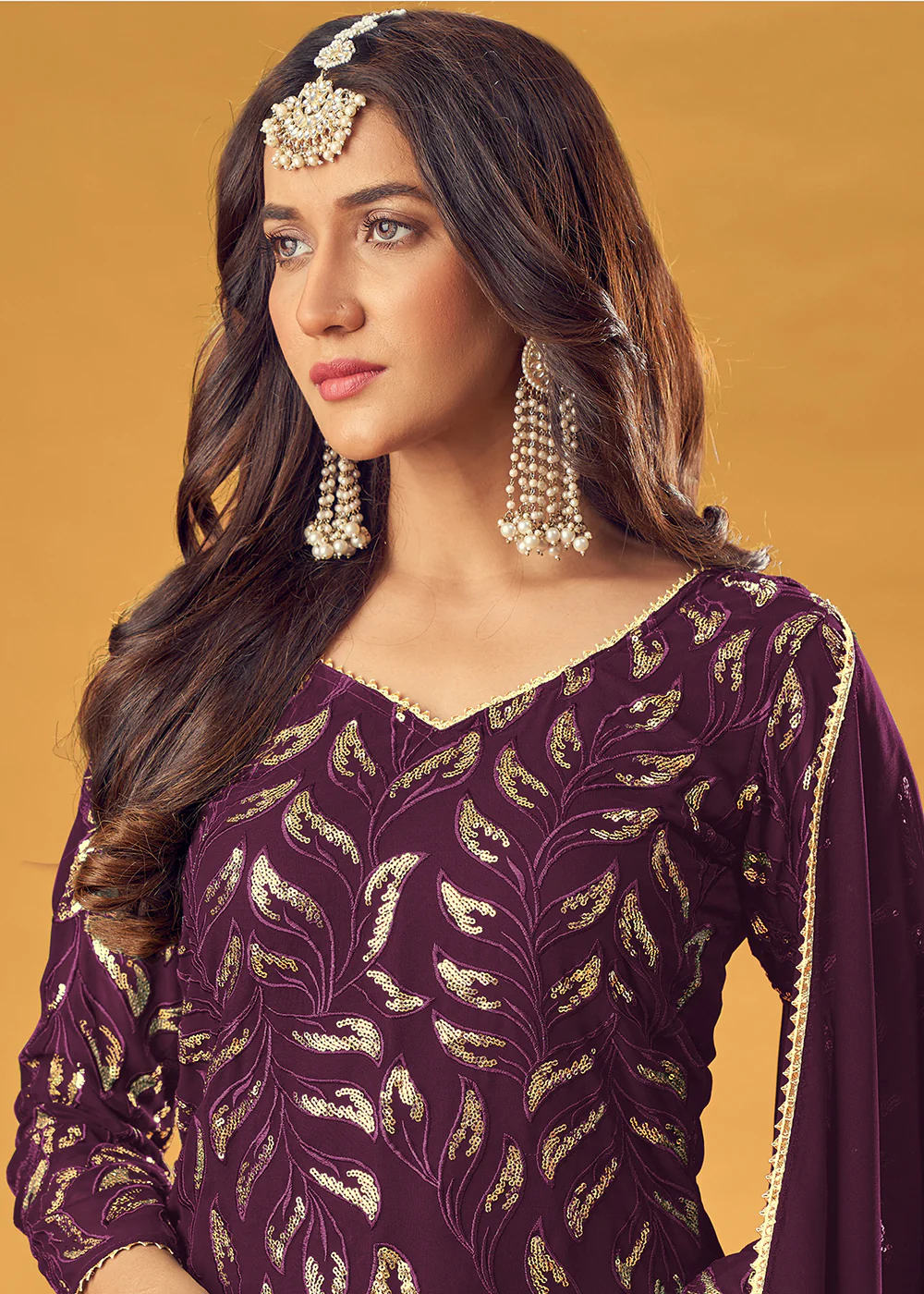 Grape Purple Gold Embroidered Straight Cut Palazzo Suit - Image 2