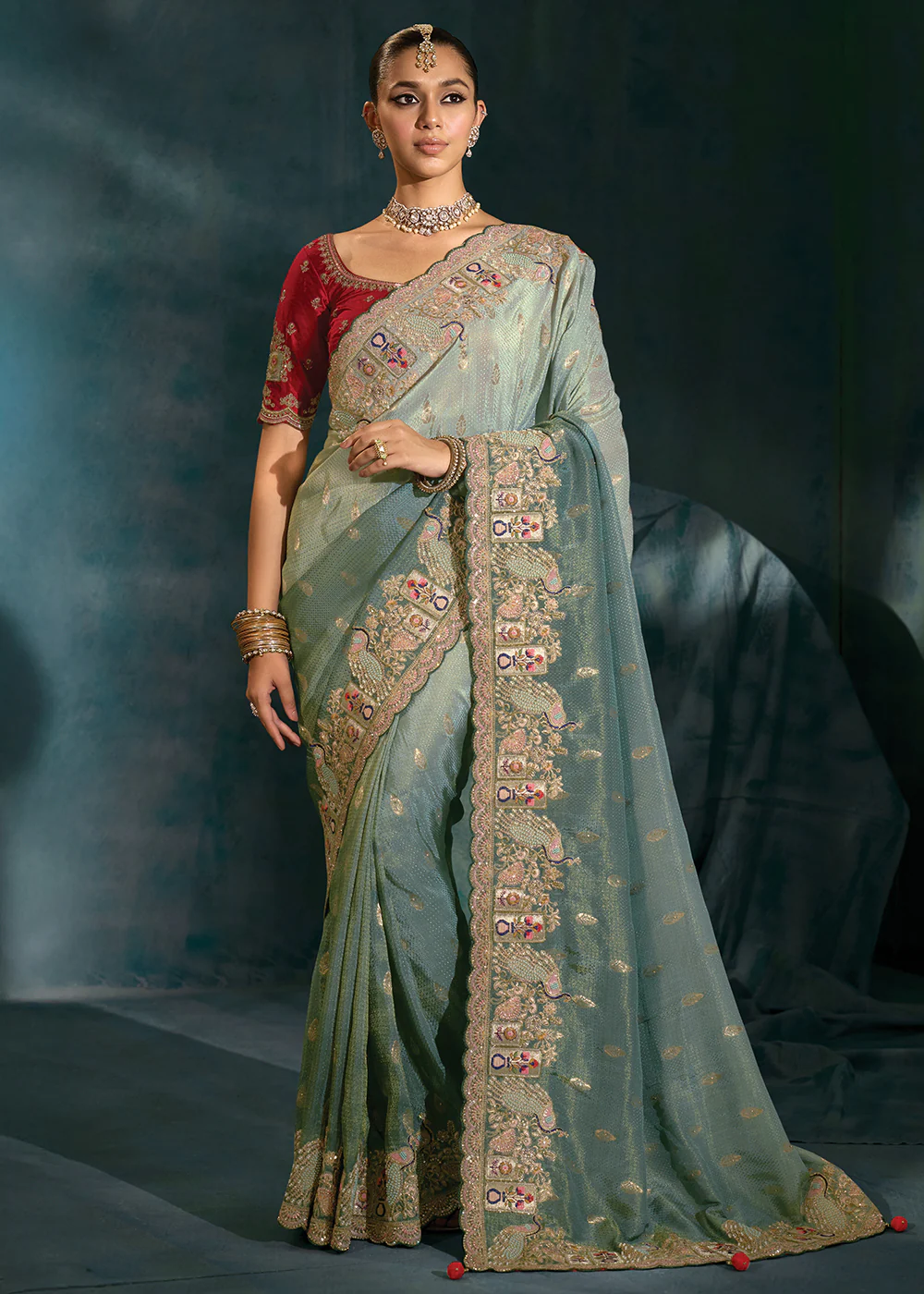 Gray Cut Dana & Mirror Work Designer Saree