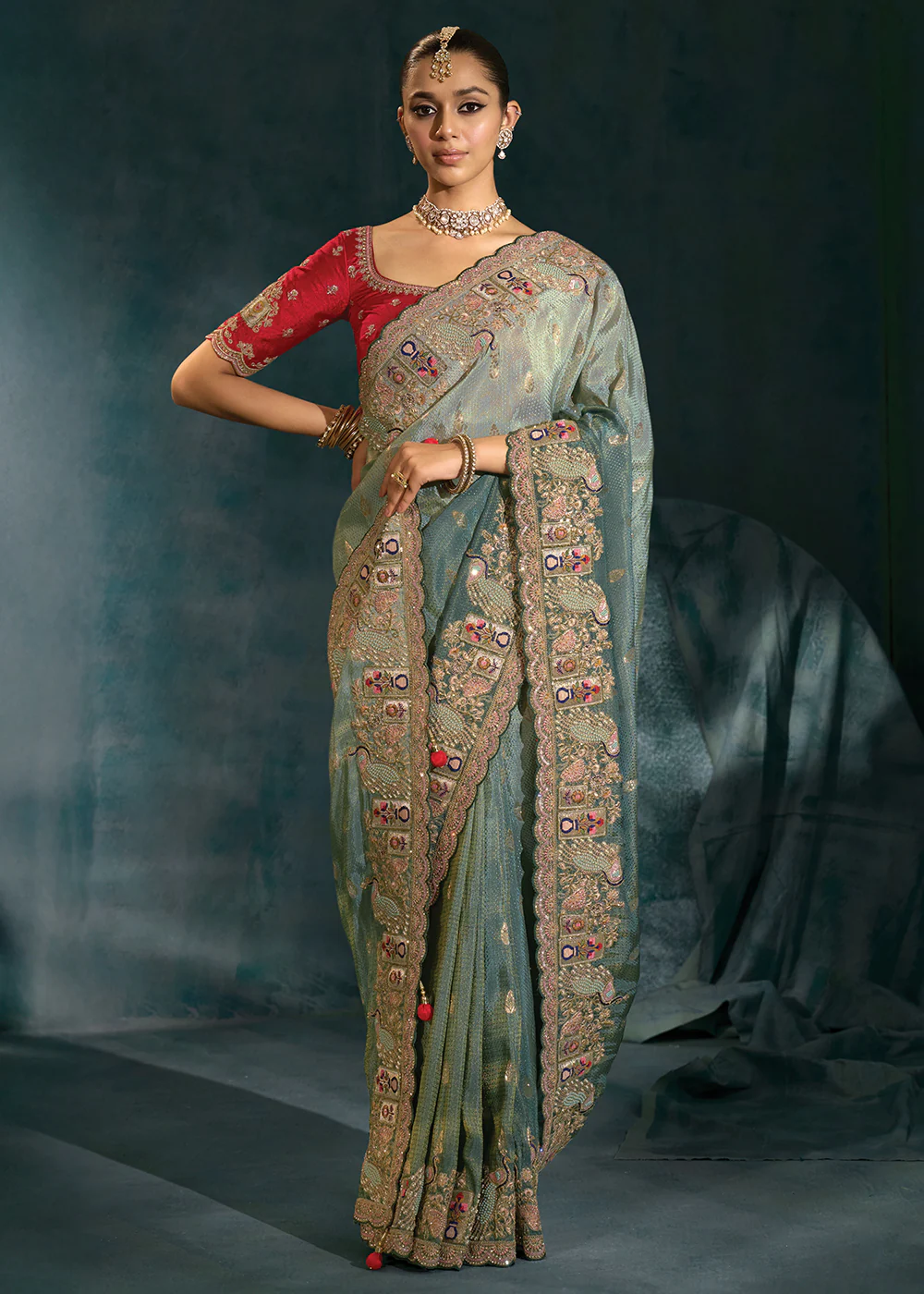 Gray Cut Dana & Mirror Work Designer Saree - Image 3