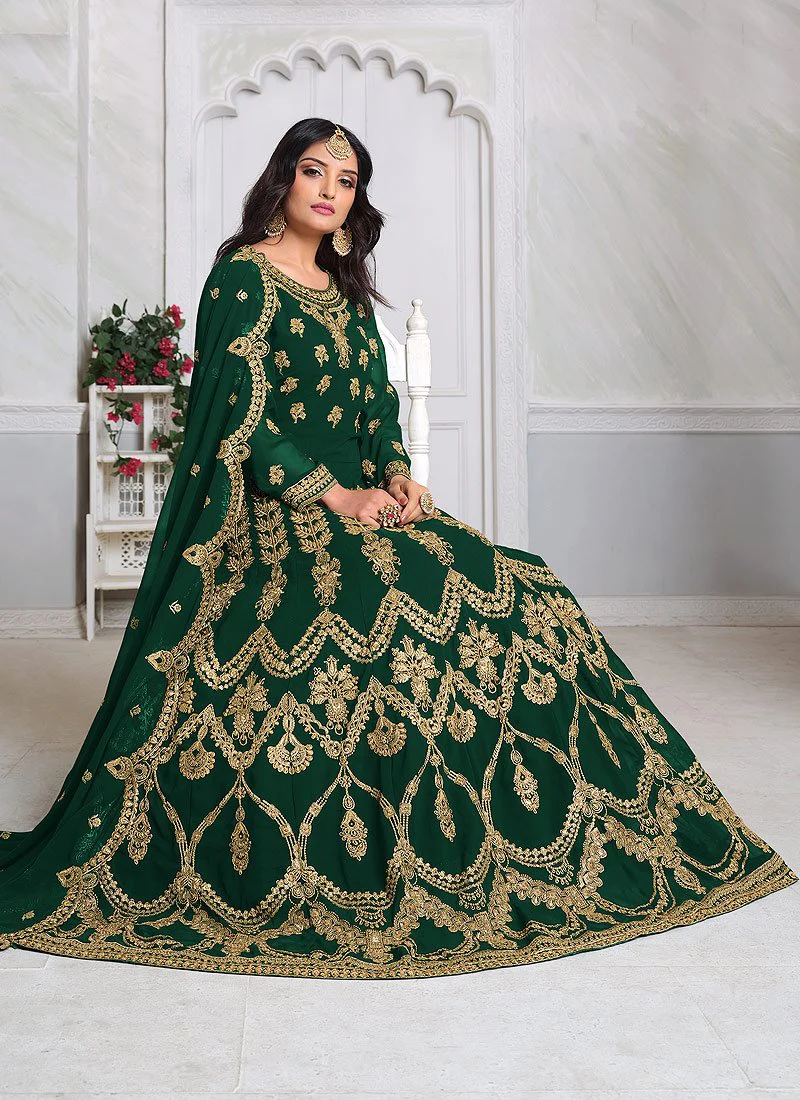 Green Abaya Style Embroidered Anarkali Suit - Image 3