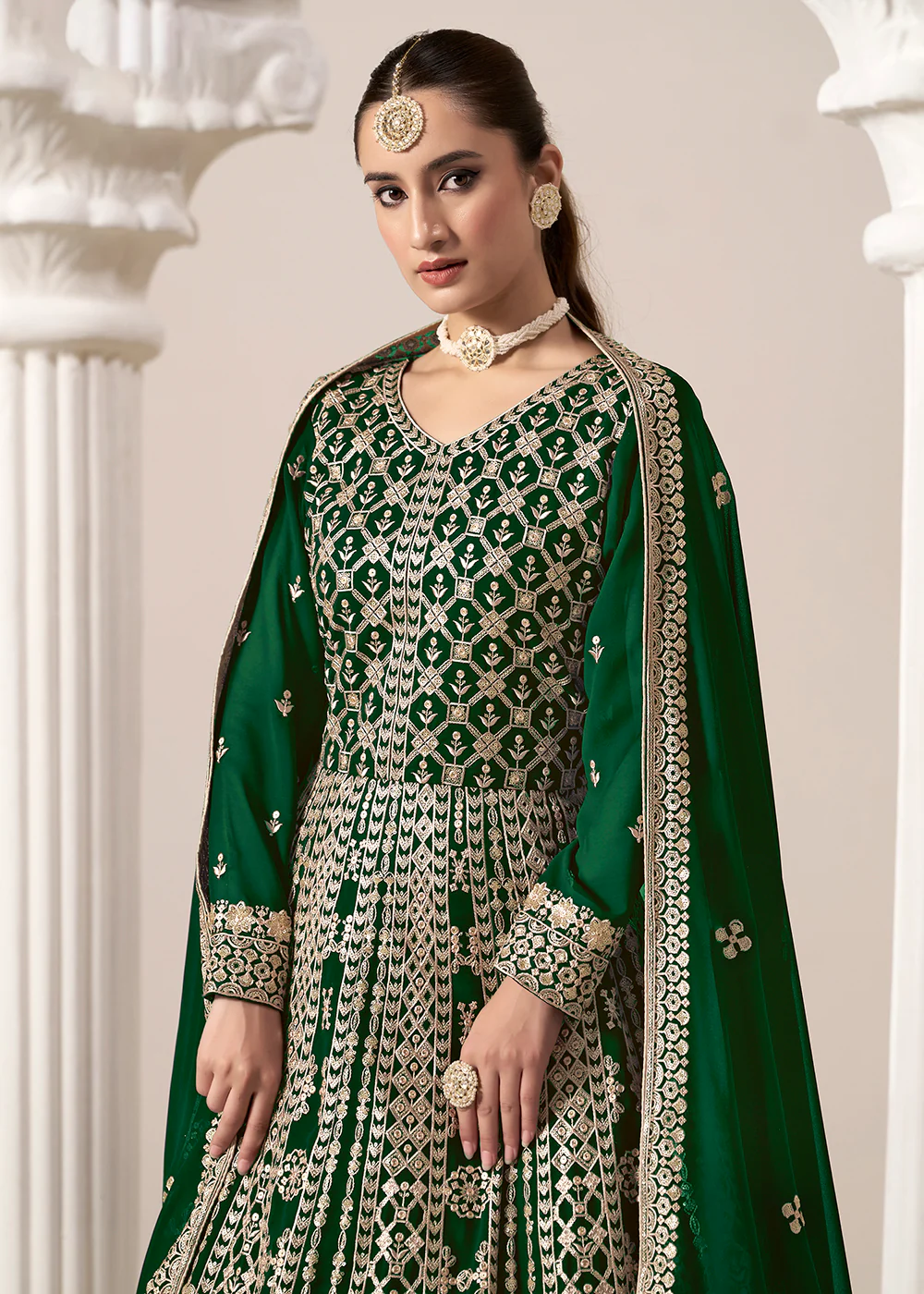 Green All Over Embroidered Georgette Designer Anarkali Gown - Image 2