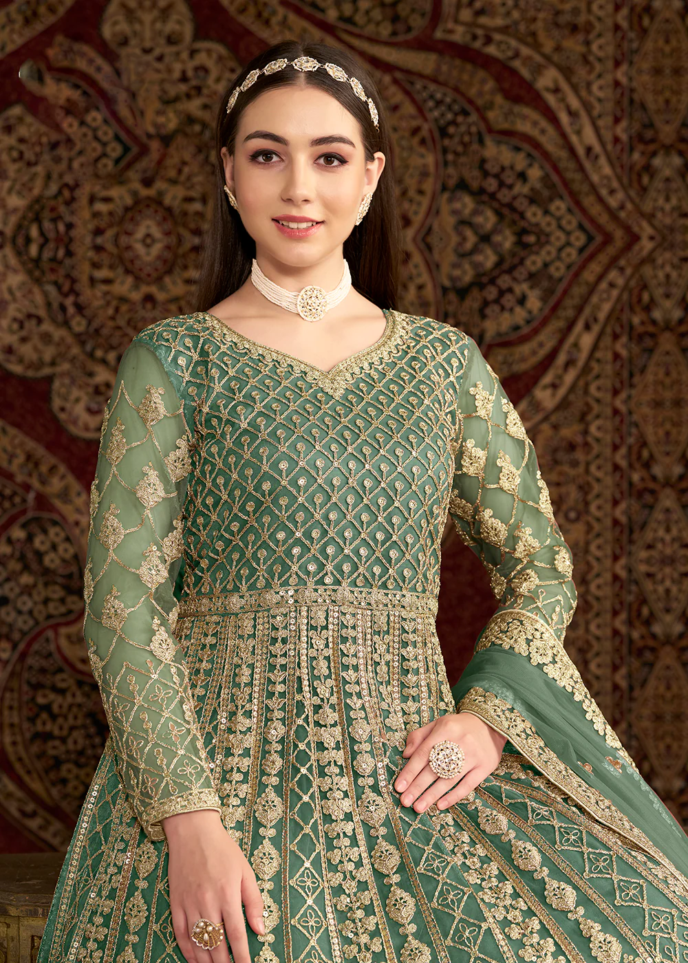 Green All Over Embroidered Net Wedding Anarkali Gown - Image 2