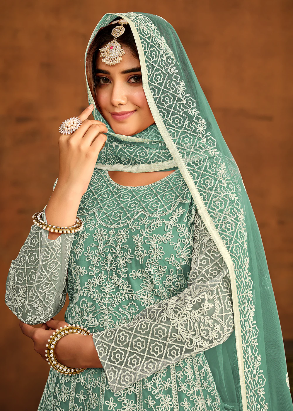 Green All Over Embroidered Net Wedding Anarkali Suit - Image 2